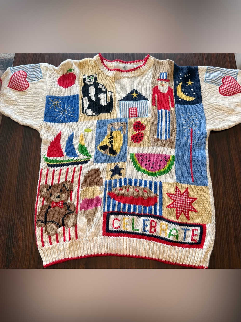 Design Options Women’s Vintage Short Sleeve "Celebrate" Knit Sweater Size XL